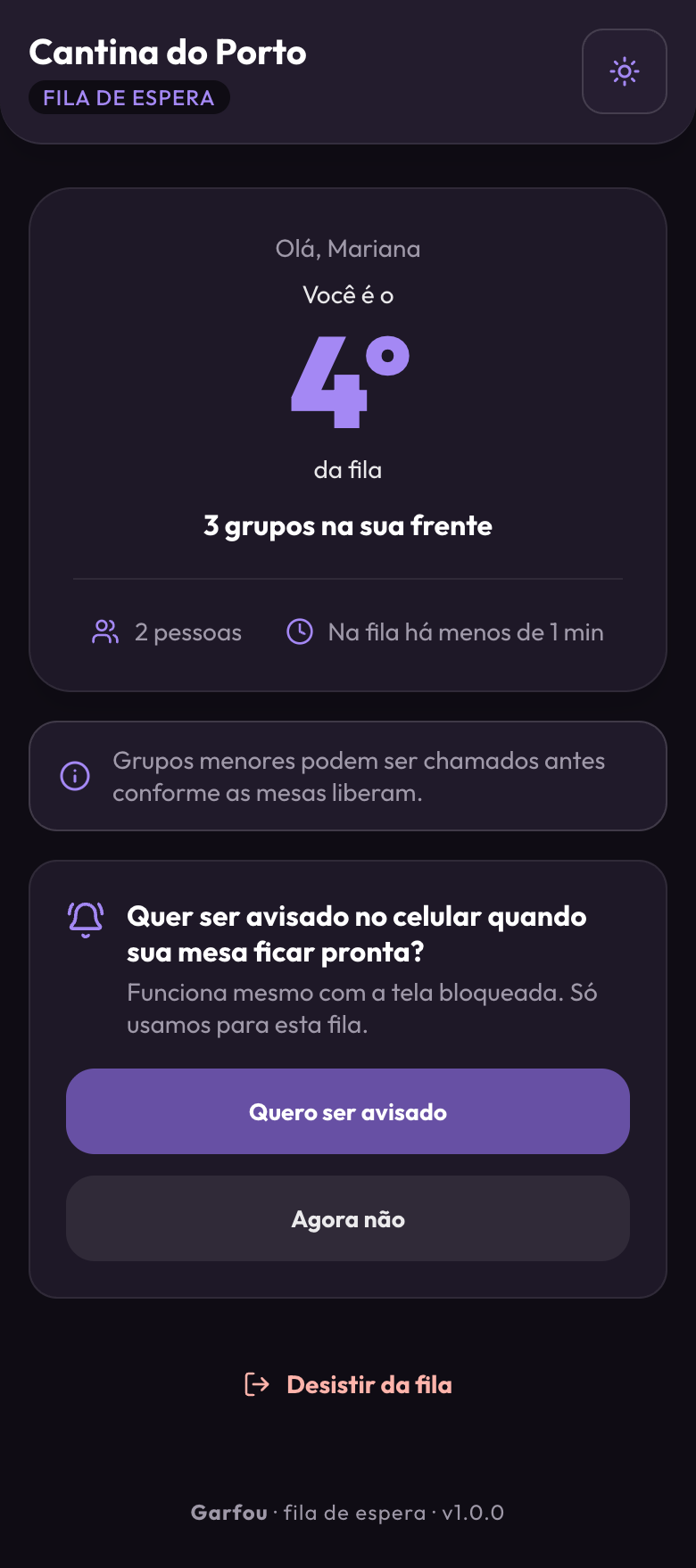 Celular do cliente mostrando: Você é o 4º da fila