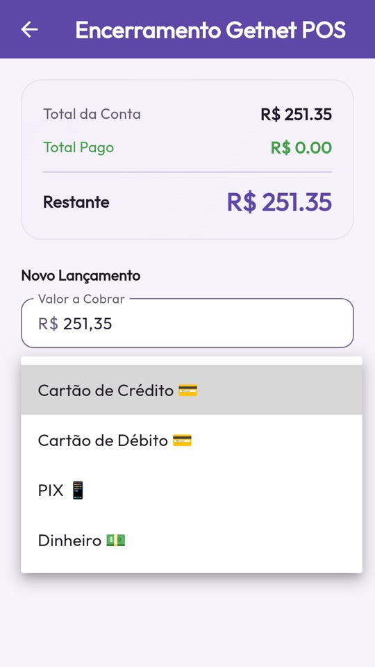 Cobrança do Garfou na maquininha Getnet com crédito, débito, PIX e dinheiro