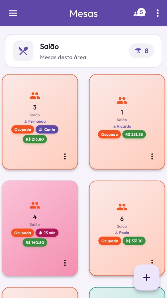 Tela de mesas do Garfou na maquininha Stone